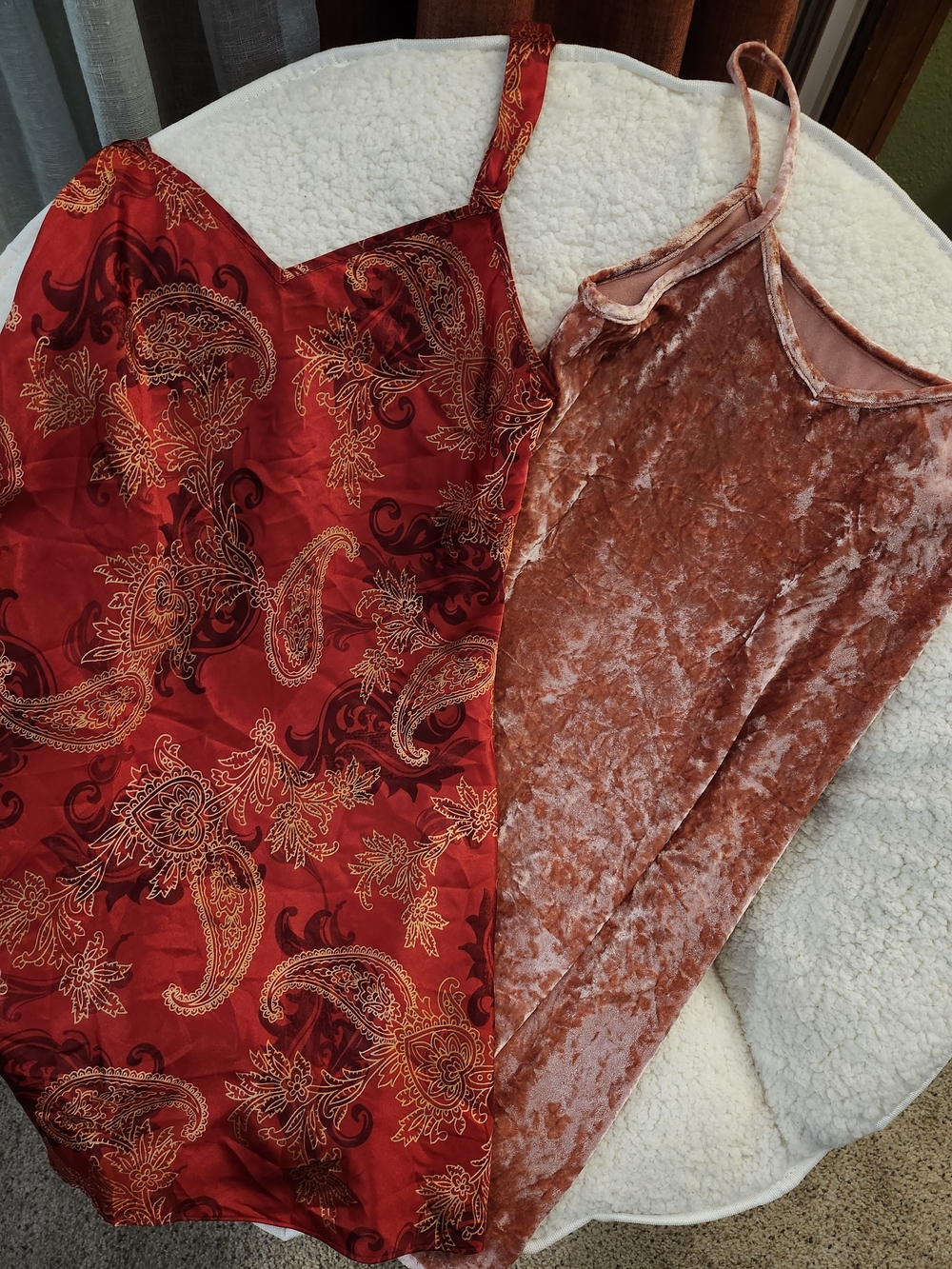 Red Paisley Slip Dress & Blush Velvet Slip Dress - Two Piece Lot